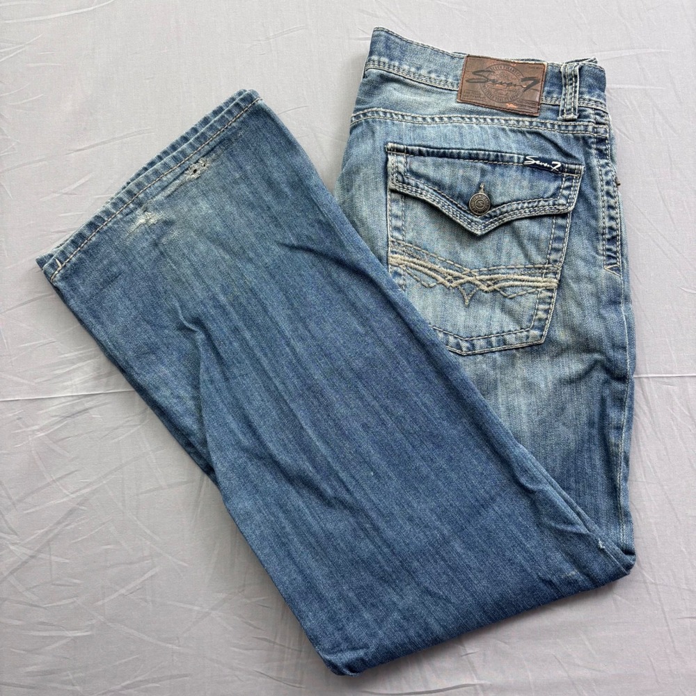 Seven7 Mens Bootcut Jeans 36x32 Medium Wash Distressed Y2K Pocket Denim Country